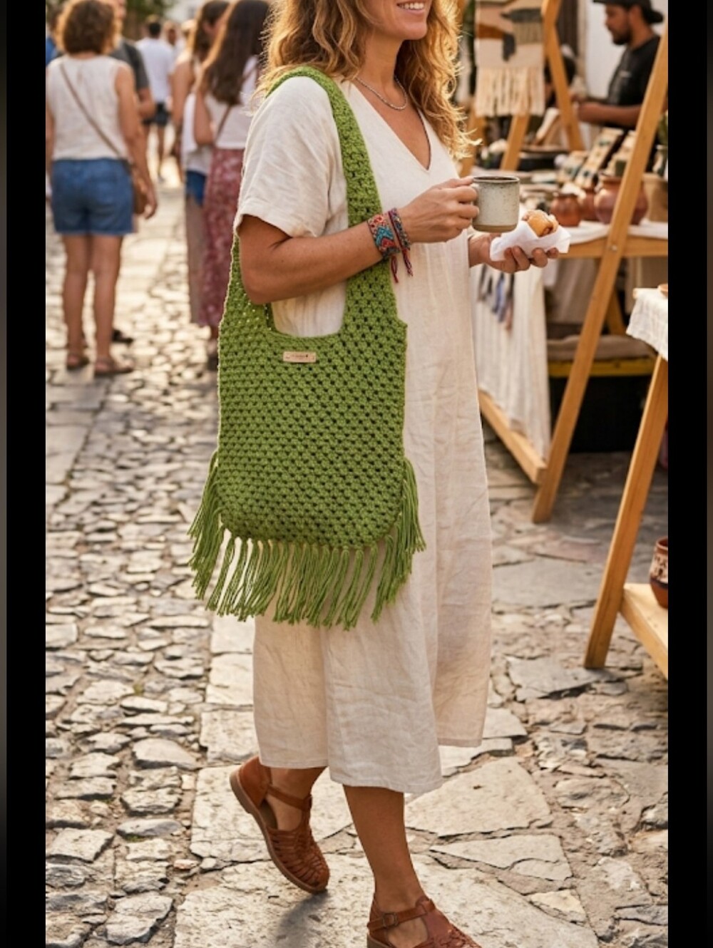 NWOT Handmade Tote Shoulder Bag Boho Chic Crochet Olive Green, Lightweight.